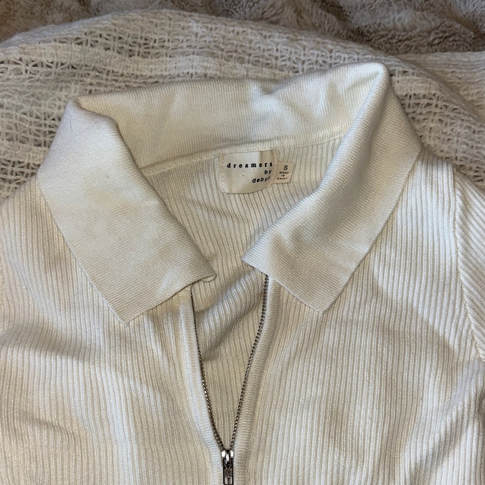 Cream Ribbed Zip-Up Cardigan - Picture 2 of 5